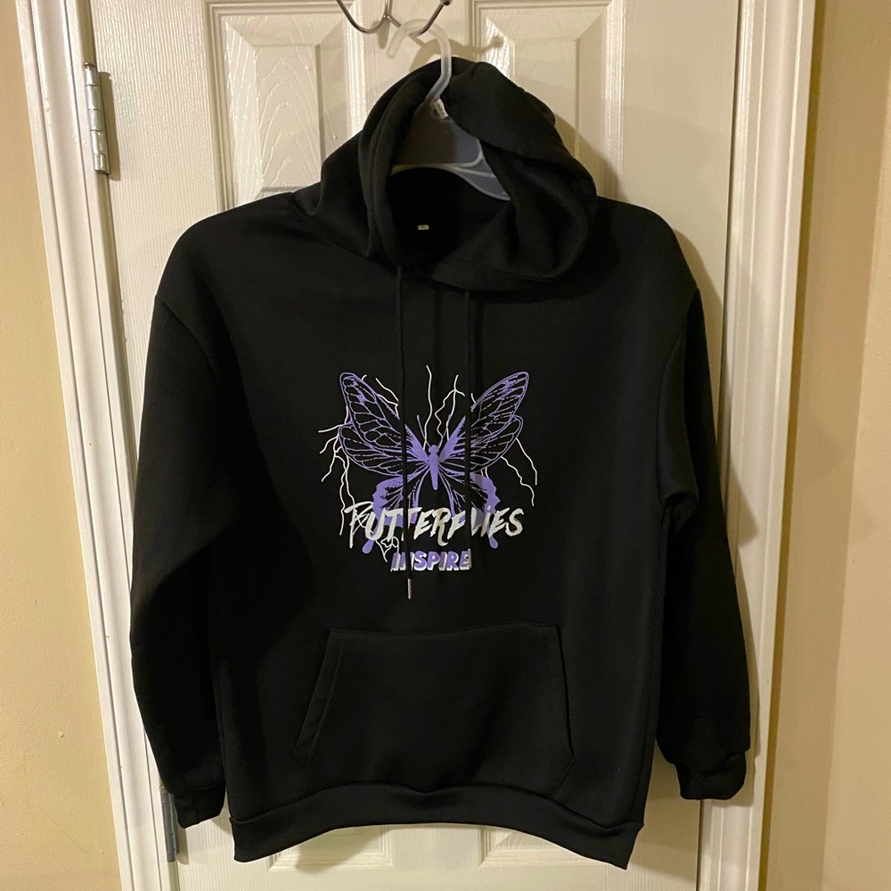 SHEIN NWOT 🦋 Inspire Hoodie! Black w Lavender design. Women Large size🥰